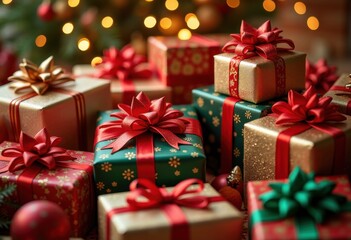 Colorful Stocked Holiday Gift Boxes Overflowing with Ribbons, Tags, and Festive Cheer for Perfect Seasonal Gifting