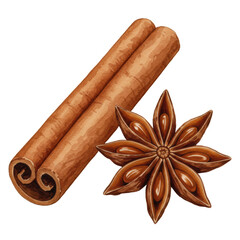 Detailed watercolor of a curled cinnamon stick and star anise pod, warm earthy brown, subtly textured, on a transparent background with copy space, Concept of natural culinary spices