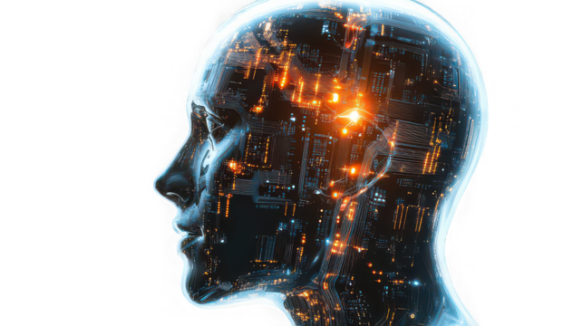 A transparent human head filled with glowing circuits against a black background profile view