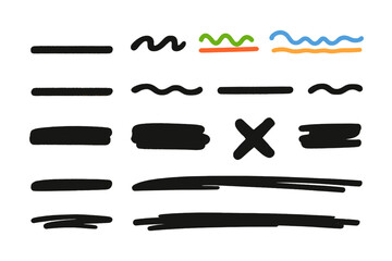 Hand-drawn digital lines and shapes in various styles and colors on a white background for creative design purposes