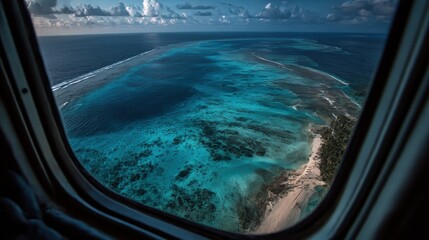 View of a stunning coral reef and coastline from an airplane window during a clear day
