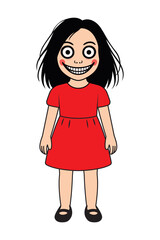 Creepy cartoon girl character in red dress with wide smile and big eyes doll. Horror mascot illustration for scary story, Halloween design, spooky artwork, urban legend, and creepy character art.