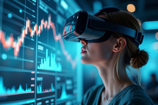 Young Female Stock Market Broker Analyzing Data in a Virtual Reality Environment