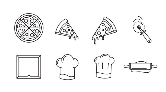 Collection of hand drawn pizza and baking utensil icons in silhouette