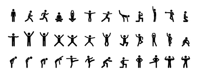 Collection of 36 stickman poses and gestures. Human silhouette in different actions such as running, jumping, yoga, sitting, stretching, exercising, dancing, and standing. Vector lifestyle posture ico