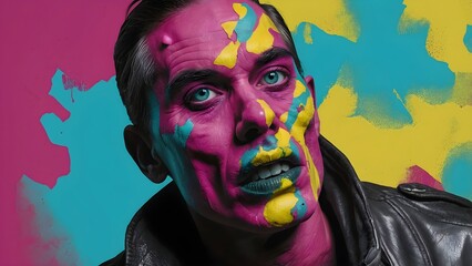 Man with colorful face paint stands against a bright blue and yellow backdrop, showcasing an artistic expression through vivid colors and striking features Generative AI