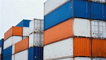 Fototapeta premium Low-angle shot of colorful shipping containers stacked neatly in a storage yard.