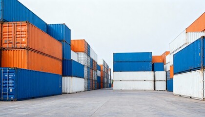 Fototapeta premium Low-angle shot of colorful shipping containers stacked neatly in a storage yard.