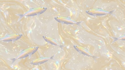 A serene underwater scene featuring shimmering fish swimming gracefully through a pearlescent, iridescent background.