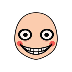 Creepy cartoon face with wide smile, big round eyes, and red cheeks. Horror mask vector illustration ideal for Halloween, scary artwork, spooky icons, and frightening character design.