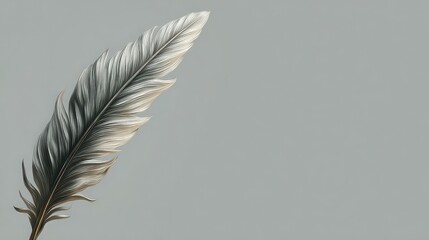 A delicate silver feather on a soft grey background, emanating elegance and grace.