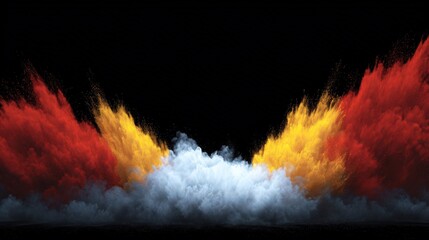Dramatic explosion of colored powder creating a striking visual display in vibrant reds, yellows, and whites.