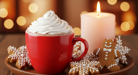 Cozy Hot Chocolate with Gingerbread Cookies and Candle on a Wooden Tray