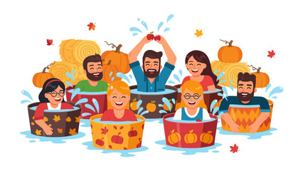 Autumn Carnival: A lively group of individuals engages in playful interaction at a vibrant autumnal carnival, splashing water in festive tubs amidst seasonal decor.
