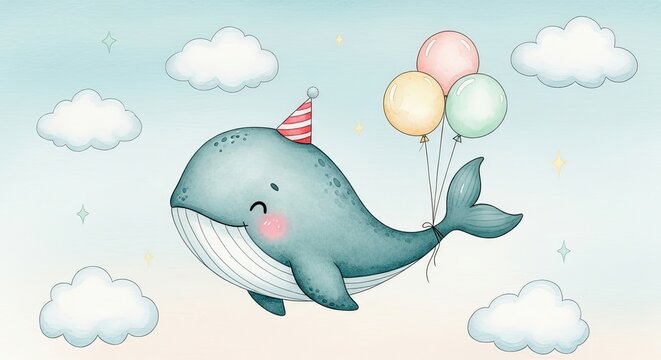 Cute watercolor narwhal wearing a party hat floats with balloons and clouds in a soft blue sky