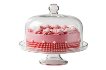 Delicious pink cake with white decorations under a glass dome isolated on transparent background