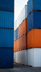 Fototapeta premium Low-angle shot of colorful shipping containers stacked neatly in a storage yard.