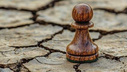 A lone chess pawn in a cracked landscape symbolizes resilience and strategic strength.