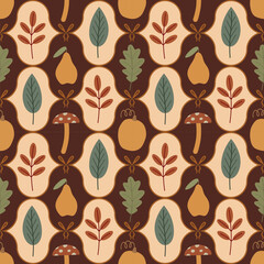 Autumn Harvest Pattern with Fruits and Leaves. Seamless vector illustration of an autumn harvest pattern featuring fruits, leaves, mushrooms, and pumpkins in warm, earthy colors. 