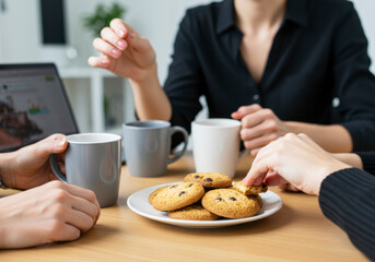 Colleagues Sharing Homemade Cookies in Office Break Room. National Homemade Cookies Day