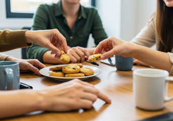 Colleagues Sharing Homemade Cookies in Office Break Room. National Homemade Cookies Day