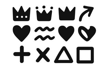Simple black shapes and symbols on a white background for artistic and design use