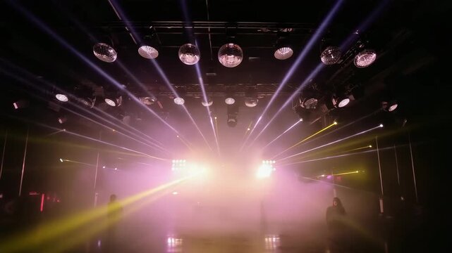 A dark club dense fog dozens of tiny lasers shoot downward rain, bouncing floor walls. Flashing blinder lights, disco bulbs halogen headlamps bursts. tracking low-angle lens flares on smoke
