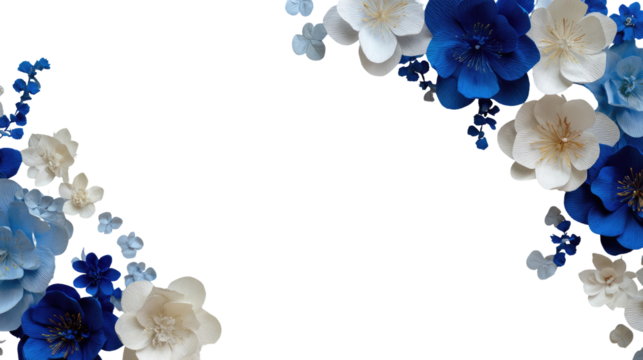 Floral frame of white and blue paper flowers