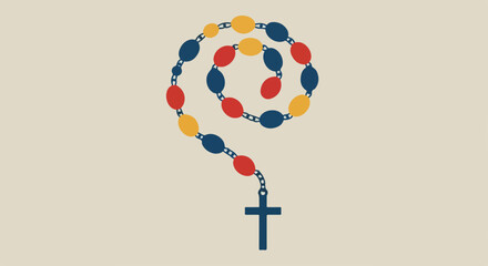 Minimalist prayer rosary, colorful beads, Christian cross. Looping prayer rosary displays red, yellow, blue beads, symbolizing devotion. Graphic prayer rosary for spiritual guidance,