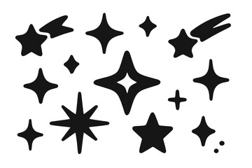 Different shapes of stars and sparkles in black color on a white background for creative design purposes