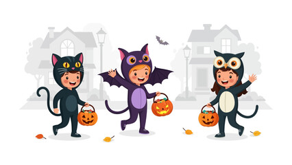 Halloween Fun: Three children, adorned in adorable costumes of a cat, a bat, and an owl, gleefully traverse a street, their festive pumpkin-shaped baskets brimming with candies under the moonlight.