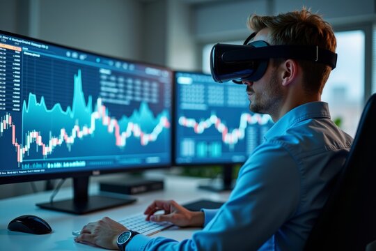 Stock Market Broker Using Virtual Reality Goggles to Analyze Graphs on Holographic Display in Futuristic Office