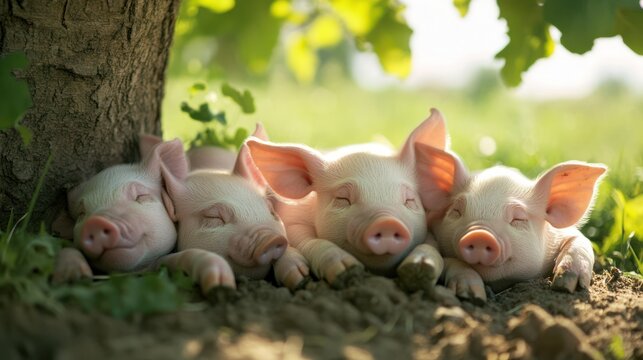 Peaceful slumber: Four adorable piglets napping under the shady tree