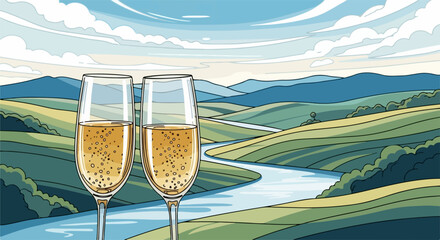 Toast with champagne against green rolling hills and flowing river, a celebratory toast with champagne sparkling in glasses.