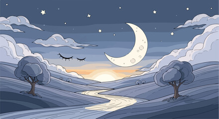 Serene night landscape with crescent moon shining over rolling hills. Night landscape featuring calm, peaceful scene with clouds, stars, and gentle river flowing through valley.