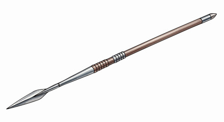 Detailed illustration of spear with metal tip and wooden shaft on white background. Spear is traditional weapon used throughout history for hunting and warfare. Artistic spear drawing for historical,