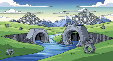 Surreal landscape showing giant nuts forming a bridge, hills, and decorations, capturing a strange and amusing scene. Surreal landscape art brings to life a fantastical terrain, mountains,