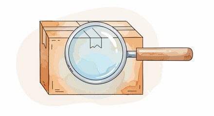 Parcel inspection with magnifying glass over cardboard box, parcel inspection setup. Close-up on parcel inspection reveals details on package sealing and cardboard texture.
