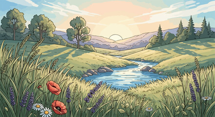 Idyllic countryside scenery with rolling hills and winding river, idyllic countryside backdrop provides scenic view. Picturesque idyllic countryside is a serene vista,