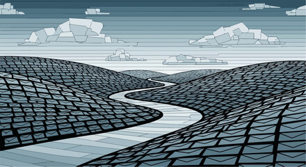 Illustration landscape with flowing river in shades of blue and gray. Landscape illustration includes winding river cutting through rolling hills and low clouds.