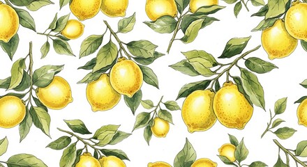 Vibrant watercolor pattern of ripe yellow lemons with green leaves on a white background