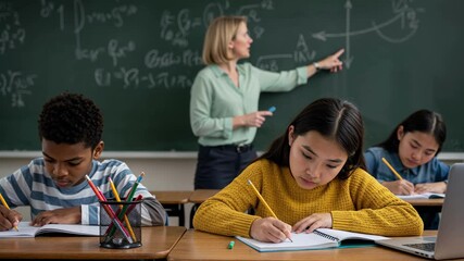 A female teacher explains a math lesson at the chalkboard to a diverse group of elementary students who are writing diligently in their notebooks, representing primary education and learning - Powered by Adobe