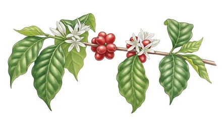 Illustration of a coffee plant branch with ripe red coffee cherries and white blossoms on a white background