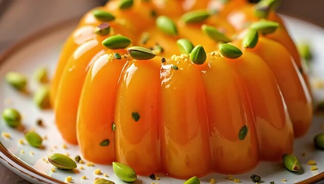 Close up of carrot halwa showing bright orange color and glossy texture with pistachio garnish 