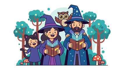 Naklejka premium Enchanting Family in the Mystical Forest: A delightful illustration depicts a wizarding family sharing a spell book in a whimsical forest. The image radiates warmth, love.