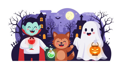 Naklejka premium Halloween Cartoon Character: a cheerful vampire, werewolf, and ghost is ready to enjoy Halloween night under the bright moon.