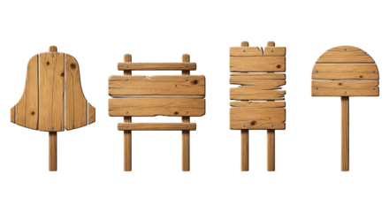 Collection of wooden signboards isolated on transparent background for advertisement