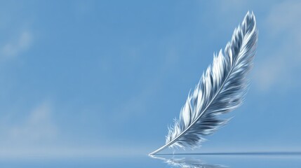 A delicate white feather gracefully floats on a tranquil blue surface, symbolizing peace and serenity.