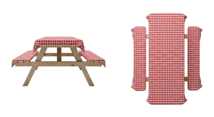 Picnic table with red and white checkered tablecloth isolated on transparent background