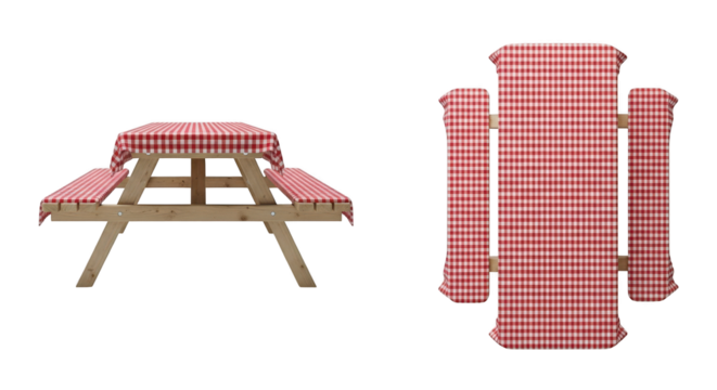 Picnic table with red and white checkered tablecloth isolated on transparent background - Powered by Adobe